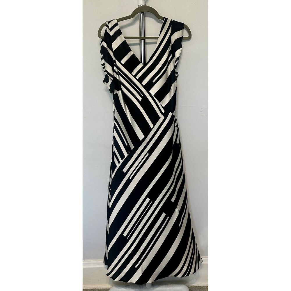 Donna Karan New York Black White Striped Ruffle Midi Dress Size 12 V-Neck